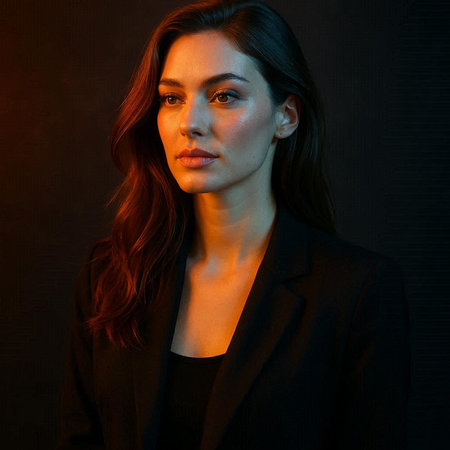 Portrait of a young business woman in a black suit on a dark background.
