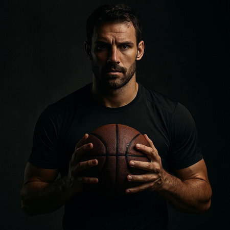 Portrait of a serious basketball player holding a ball on black background