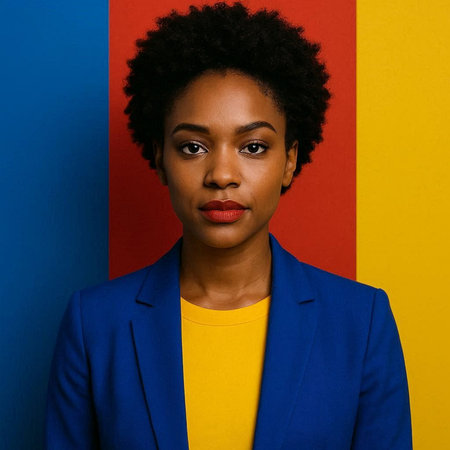 Portrait of a young african american woman in a blue jacket on a colorful background