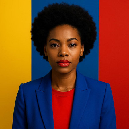 Portrait of a beautiful young african american woman with afro hairstyle, wearing a blue jacket and red lips.の写真素材