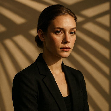 Portrait of a young woman in a black suit on a light background