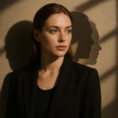 Portrait of a beautiful young woman in a black suit on a light backgroundの写真素材