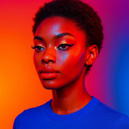 Portrait of a beautiful african american young woman in blue t-shirt on colorful background.