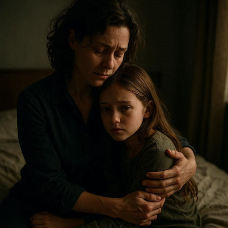 Portrait of a sad little girl hugging her mother while sitting on the bed at homeの写真素材