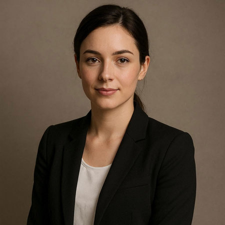 Portrait of a young businesswoman in a suit on a gray background