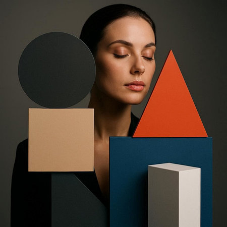 Portrait of a young woman with colorful geometric shapes on grey background