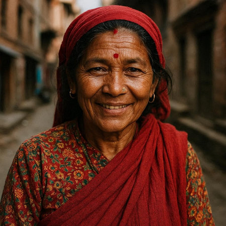 Portrait of a unknown Nepali woman at the Pashupatinath temple in the morning