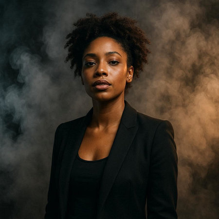 Portrait of a beautiful young African American woman in a black suit.の写真素材