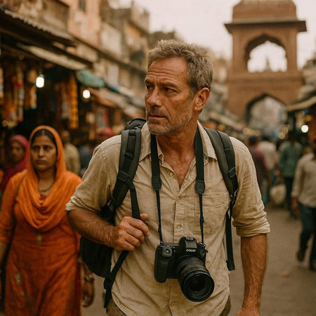 Handsome middle-aged tourist with a camera in the streets of Jaipur, India.