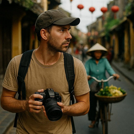 Hipster traveler with camera in old town of Hoi An, Vietnam