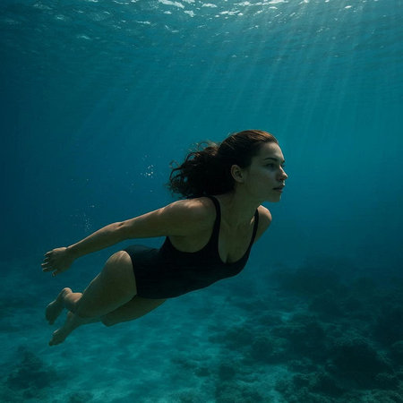 Young woman in black swimsuit swimming underwater in deep blue sea.の写真素材