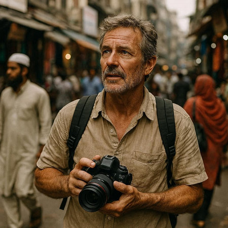 Handsome mature man with a beard and mustache, wearing a brown shirt, holding a camera in his hands,...