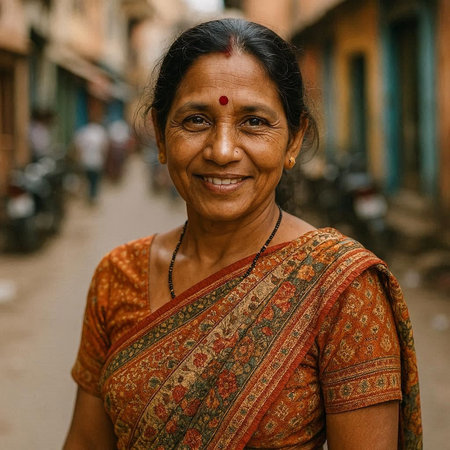 Portrait of a smiling Indian woman on a street in Mumbai, Indiaの写真素材