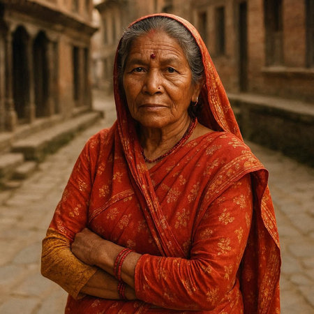 Old indian woman at Durbar square in Kathmandu, Nepalの写真素材