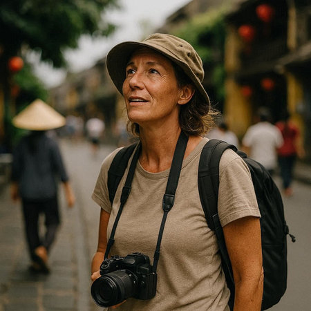Asian senior woman traveler with camera in the old town of Hoi An, Vietnam.