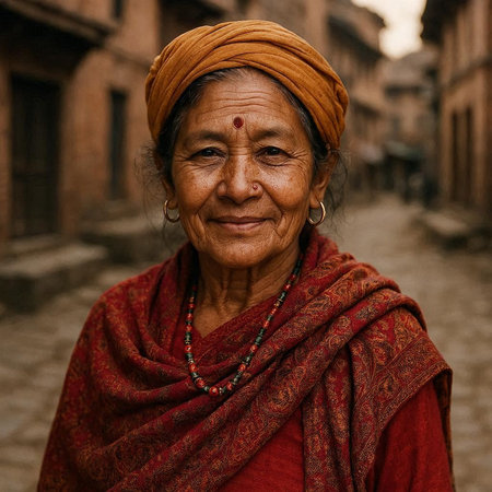 Portrait of an old woman in the street circa October 2013 in Bhaktapur.の写真素材