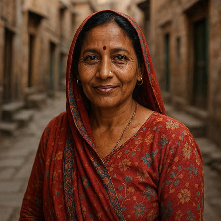 Portrait of a smiling Indian woman in the streets of Mumbai, Indiaの写真素材