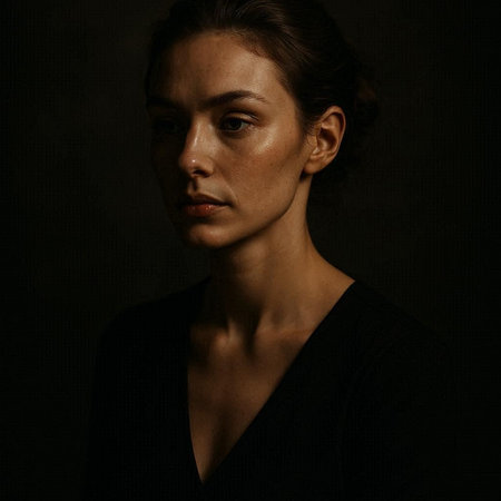 Portrait of a beautiful brunette woman on a dark background.の写真素材