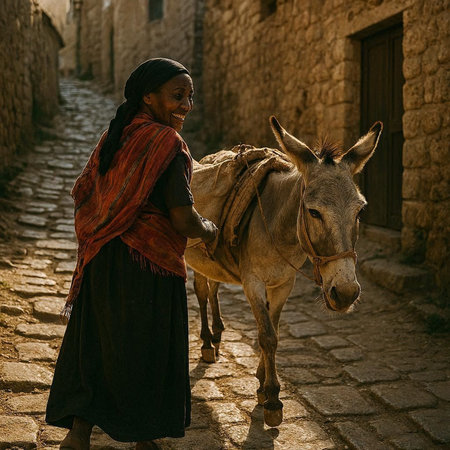 Old woman with a donkey in the old town of Mdina, Maltaの写真素材