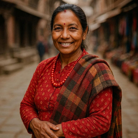Portrait of a unknown Nepali woman at the Pashupatinath temple in the morningの写真素材