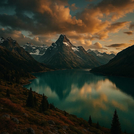 Mountain lake at sunset. Beautiful natural landscape. Mountain lake.