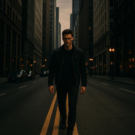 Handsome young man in a black jacket and sunglasses walking on the street in the evening.