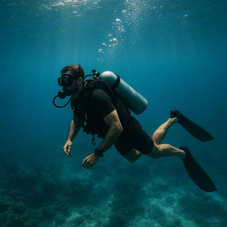 Scuba diver with mask and flippers swimming underwater in tropical sea