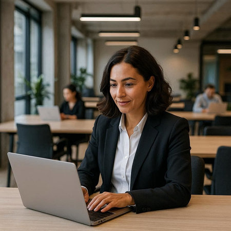 Portrait of young businesswoman using laptop while sitting at desk in office