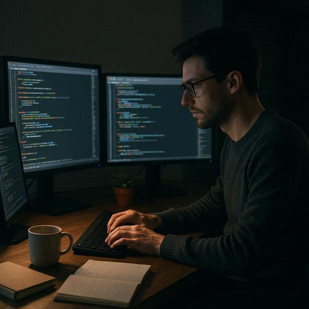 Serious male programmer working on computer late at night in dark office