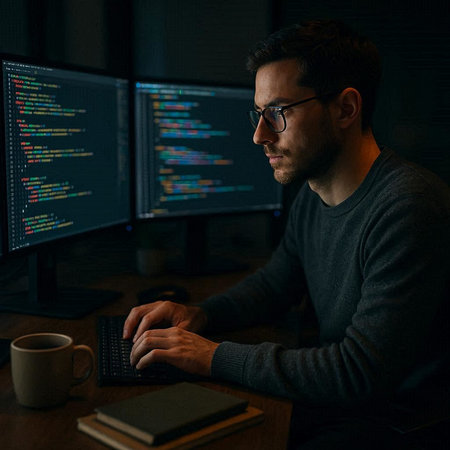 Serious programmer in eyeglasses working on computer in dark room