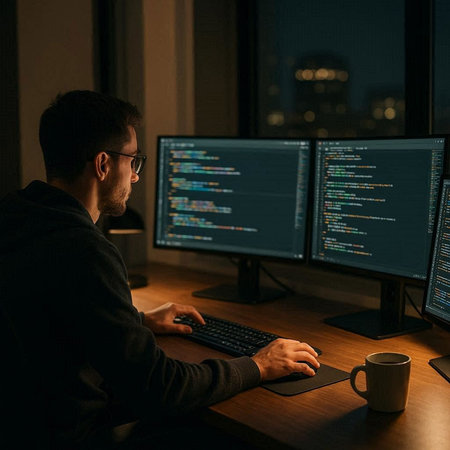 Side view of programmer working on computer in dark office at night.