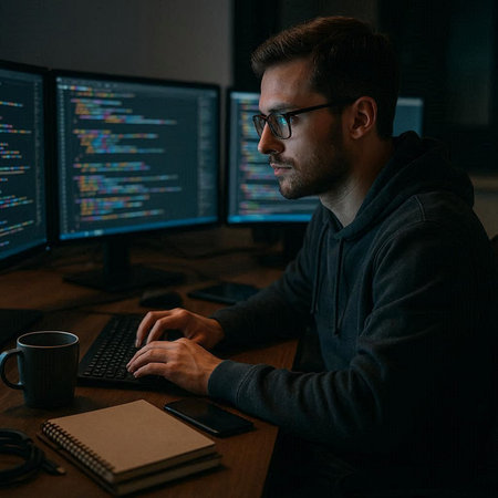 Side view of concentrated programmer in eyeglasses working on computer at night