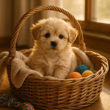 Cute puppy in a wicker basket with balls of yarn.の写真素材