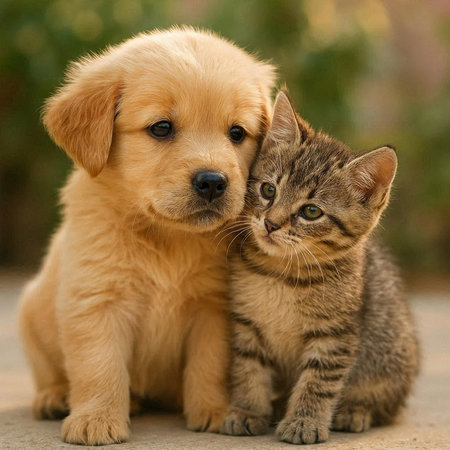 Golden retriever puppy and tabby kitten sitting on the ground.の写真素材