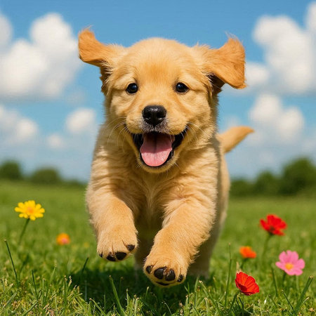Cute Golden Retriever puppy running in the green grass.の写真素材