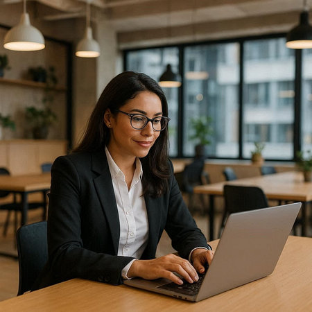 smiling businesswoman in eyeglasses working with laptop in cafe