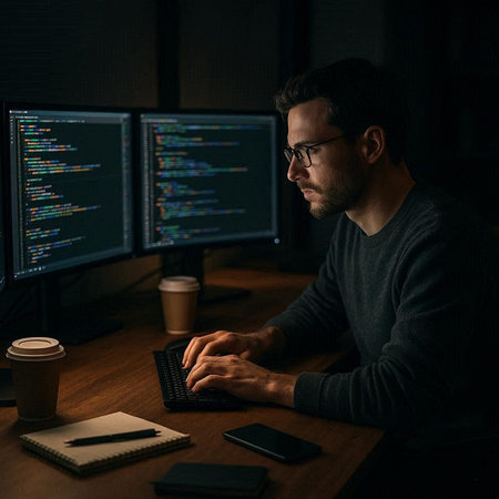 Side view of concentrated programmer working on computer at night in dark office