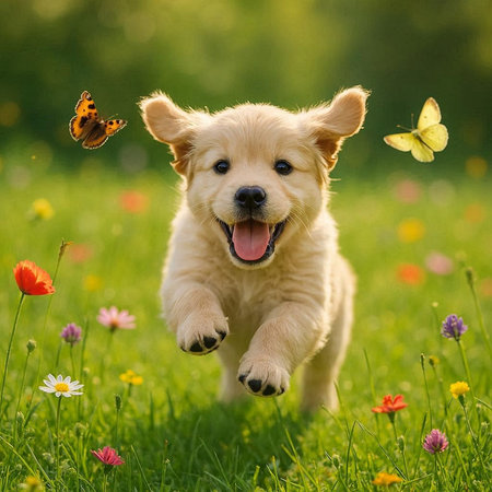 Cute Golden Retriever puppy playing with butterfly on meadowの写真素材