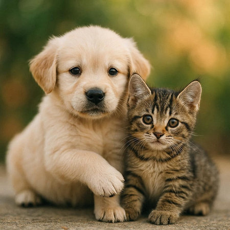 Golden Retriever puppy with tabby cat sitting on the groundの写真素材