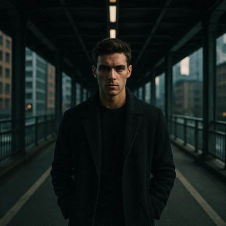 Portrait of a handsome young man in a black coat on the background of the city.の写真素材