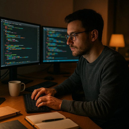 Side view of male programmer in eyeglasses typing on computer keyboard while working late at nightの写真素材