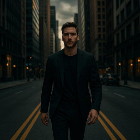 Portrait of a handsome man in the city. Men's beauty, fashion.