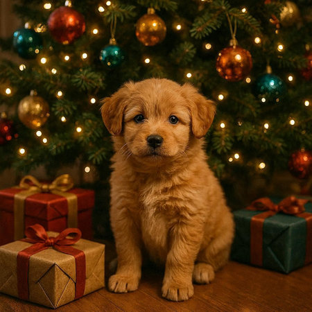 Cute Golden Retriever puppy is sitting near the Christmas tree.の写真素材