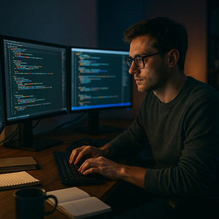 Serious programmer working on computer at night in dark office. Young man in eyeglasses typing on...