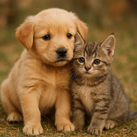 Labrador Retriever puppy and tabby kitten sitting together.の写真素材