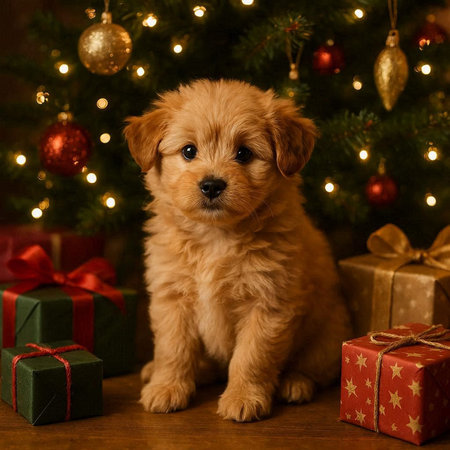 Cute little puppy of Golden Retriever near the Christmas tree