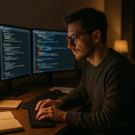 Serious programmer in eyeglasses working on computer while sitting at night