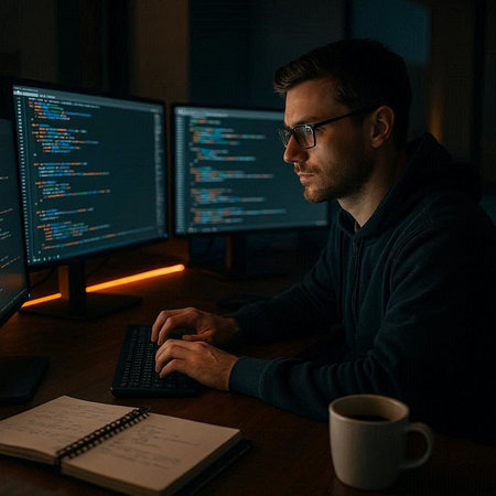 Side view of concentrated programmer in eyeglasses working on computer at night