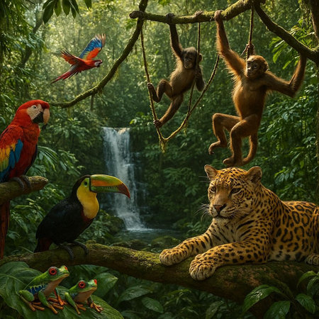 Leopard, macaw and red parrot in the jungle.