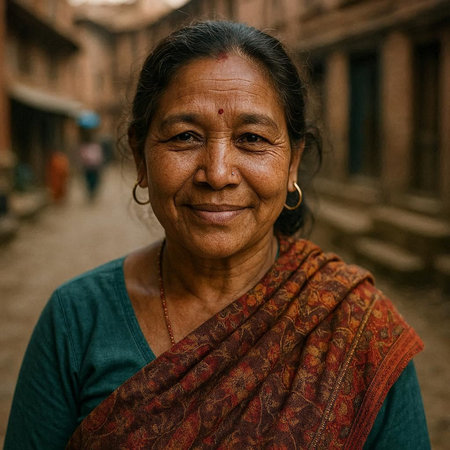Portrait of a Nepali old woman in the street of Kathmandu in the afternoonの写真素材